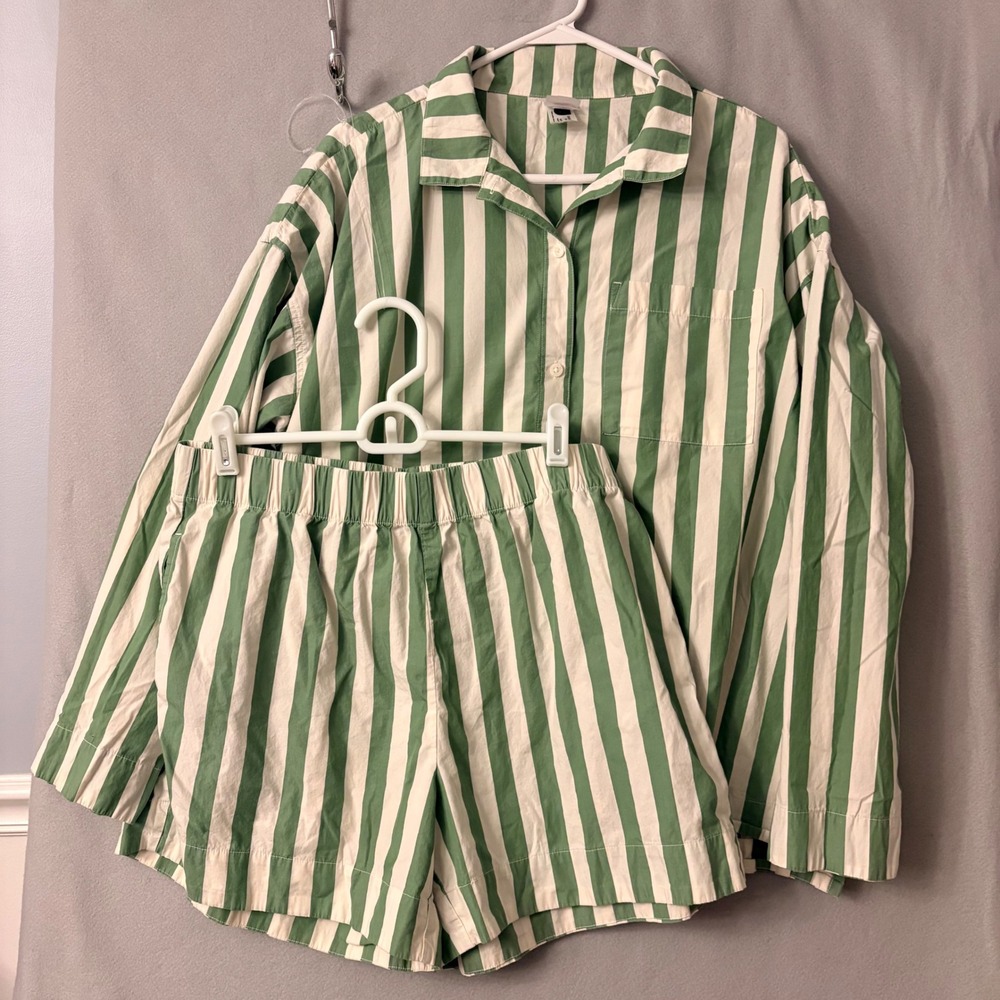 Hanna Andersson Pajama Set Green White Striped Cotton Button Down Top Shorts L